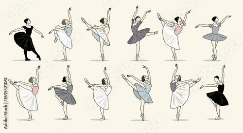 Illustrative depiction of twelve ballet dancers in various poses and tutu colors on a cream background