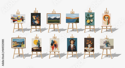 Collection of varied paintings displayed on wooden easels in a bright and well lit studio space