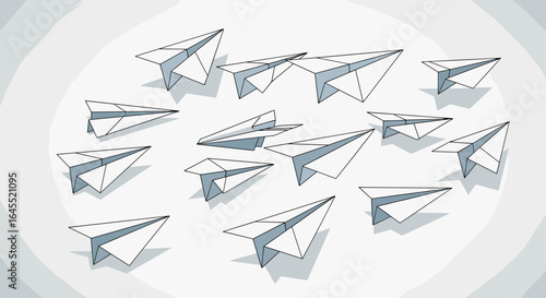 Illustration of a group of white paper airplanes clustered together on a white and grey background scene