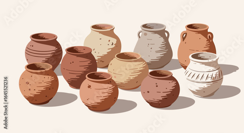 Illustration of ten assorted earthenware pots arranged on a light surface with shadows cast below them