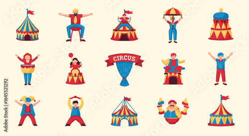 Collection of circus themed illustrations featuring tents performers and circus banner elements in a flat style