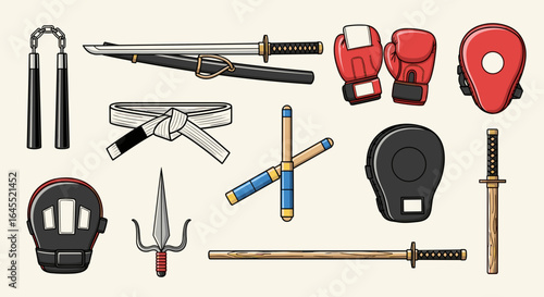 Illustration showing a collection of martial arts equipment and training gear in a flat style