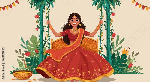 Indian woman celebrating Teej festival on a swing decorated with flowers illustration