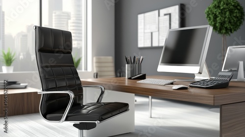 Wallpaper Mural A modern, white-colored business office with a wooden desk, calculator, desktop computer, and a black leather chair. The executive office features private office furniture for the chief of staff. Torontodigital.ca