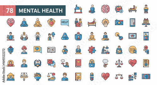 Collection of colorful line icons representing various aspects of mental health.