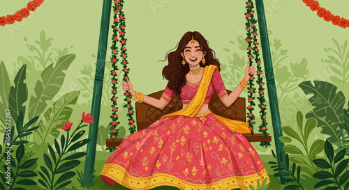 Joyful indian woman on swing surrounded by lush greenery and vibrant flowers