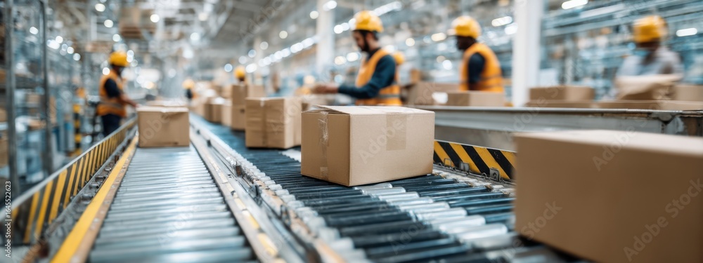 Naklejka premium Packaging operations at a distribution center in the afternoon with workers and cardboard boxes on a conveyor belt