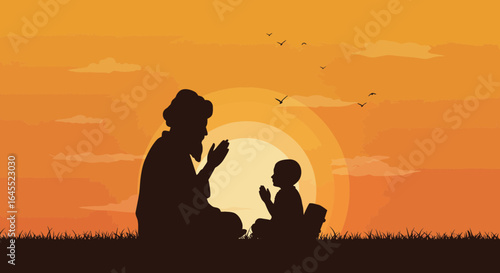 Silhouette Illustration of Muslim Father and Son Praying at Sunset, Religious Devotion
