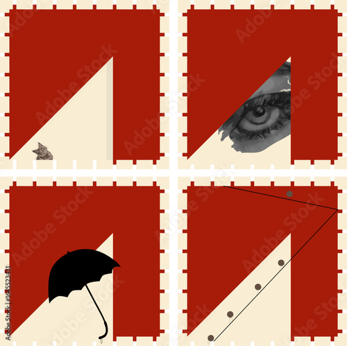 Colored vector squares, inside of which there is a black umbrella, a curious cat observing the eye, people striving for the goal.