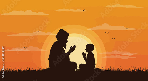 Teacher imparting knowledge to student, with a setting sun background illustration