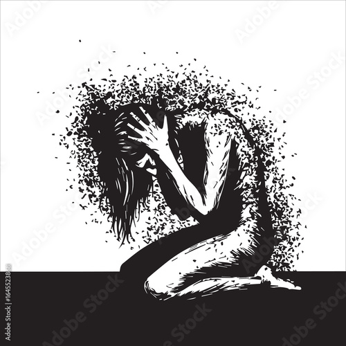 Vector art of distressed woman kneeling with head in hands isolated on white background