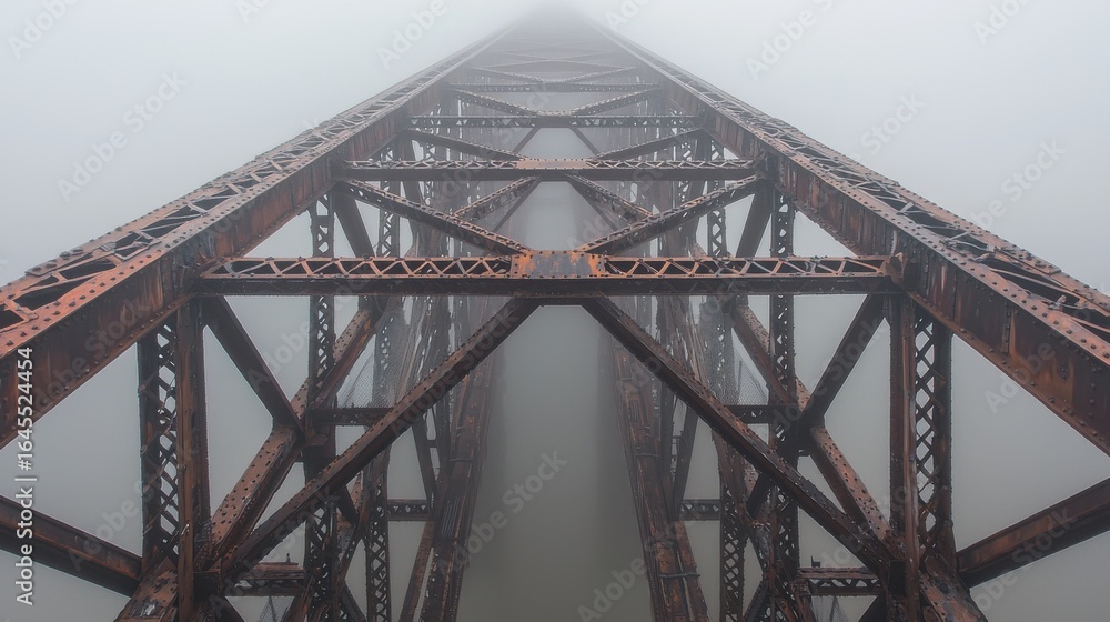 Obraz premium Foggy bridge atmosphere vintage steel railroad bridge captured from above through dense mist showing riveted construction lattice patterns