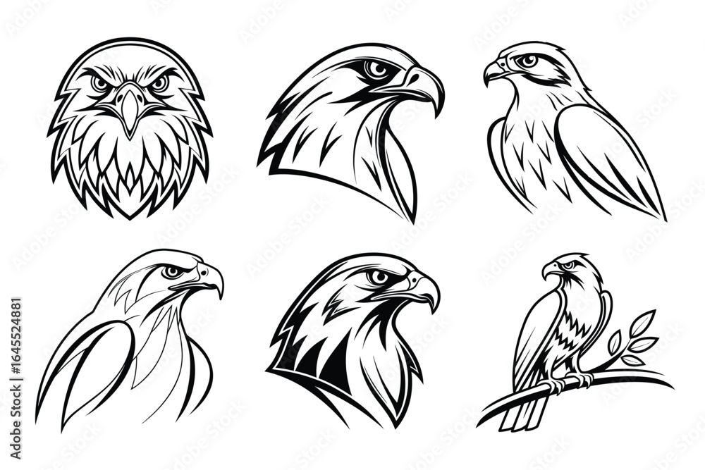 Fototapeta premium Powerful eagle emblems and heads conveying strength, focus, and fierce predatory spirit for bold branding and design projects