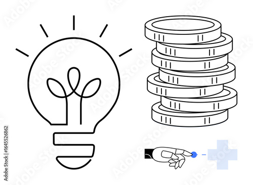 Light bulb with sprouting plant, coin stacks, robotic hand holding a dot. Ideal for innovation, growth, technology, sustainability, investment fintech automation. Simple flat metaphor