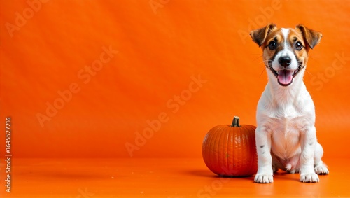 Happy Jack Russell terrier with a pumpkin against an orange background