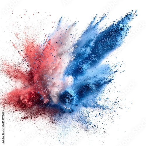 An explosion of vibrant red and blue powder creates a dynamic and artistic display on a white backdrop