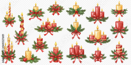A festive collection of illustrated Christmas candles in red and gold, adorned with pine branches, red ribbons, and bows.