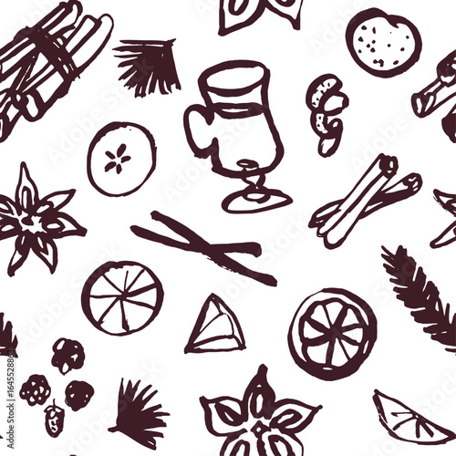 Mulled wine line art seamless pattern. Hand drawn abstract background