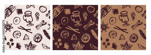Mulled wine line art seamless pattern. Hand drawn abstract background