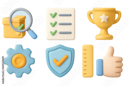 3d icons set: checklist, trophy, magnifying glass, gear, shield, thumbs up