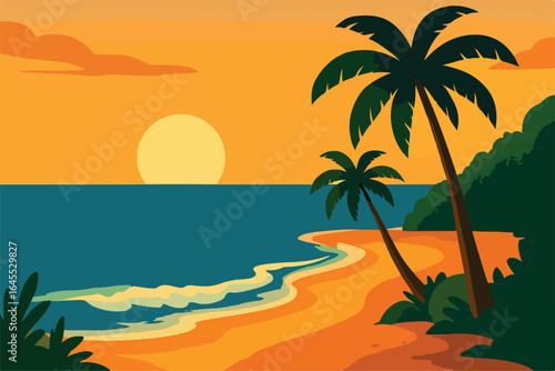 Vibrant tropical beach sunset with palm trees and ocean waves