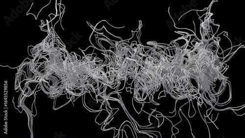 White curved lines. Black background. Abstract illustration, 3d render.