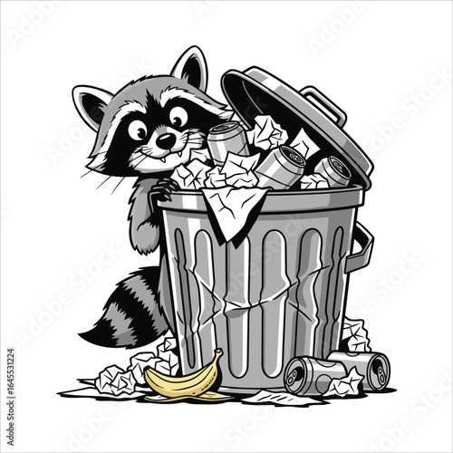 Vector art of cute raccoon cartoon character is rummaging in a trash can isolated on white background