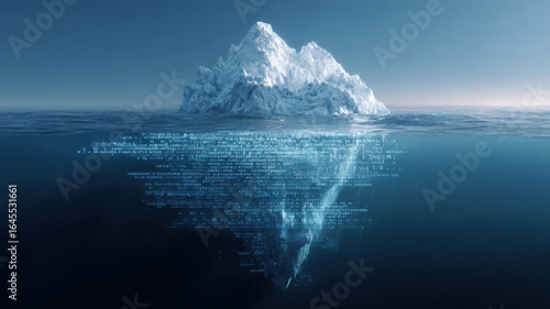 digital Iceberg with ideas above water and data below, symbolizing hidden analysis