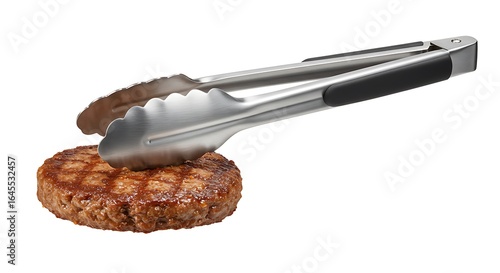 Grilling Tongs Holding Cooked Burger Patty