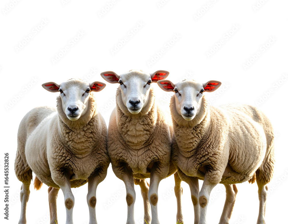 Fototapeta premium Group of Three Sheep Grazing, Angled Side View, Isolated on Transparent Background
