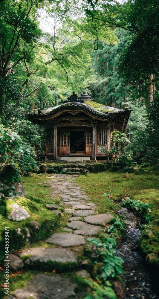 A moss-covered stone path leads to a weathered wooden temple nestled within a lush, verdant forest, shaded by towering trees. A small stream flows nearby A moss-covered stone path leads to a weathered wooden temple nestled within a lush, verdant forest, shaded by towering trees. A small stream flows nearby