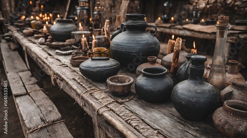 Wallpaper Mural Dark, antique pottery and candles on a rustic wooden table. Torontodigital.ca