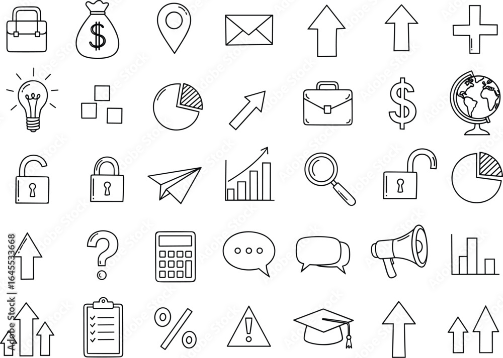 Fototapeta premium Hand-Drawn Doodle Icons for Business, Finance, and Communication
