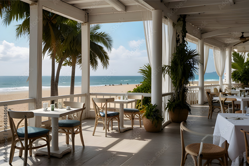 Fototapeta premium Open-air beach café with white wooden tables, ocean view, light flowing curtains, tropical plants, fresh and breezy atmosphere, realistic style, commercial photography aesthetic