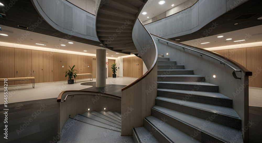 Fototapeta premium Modern spiral staircase in a contemporary office building interior. Architectural design features a gray granite staircase with a curved concrete railing, showcasing a modern, minimalist aesthetic.