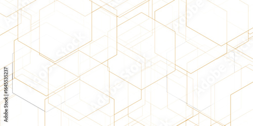 Geometric hexagon overlap illustration in gold creating a modern tech inspired design featuring intersecting lines and shapes on a white field