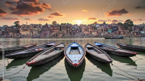 Varanasi Ganga River at Sunset Ancient Architecture and Boats Holy Manikarnika Ghat India Travel Photography