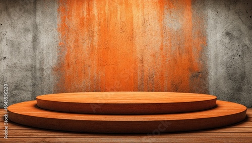 Two-tiered circular wooden podium against a textured, orange and grey wall under a spotlight