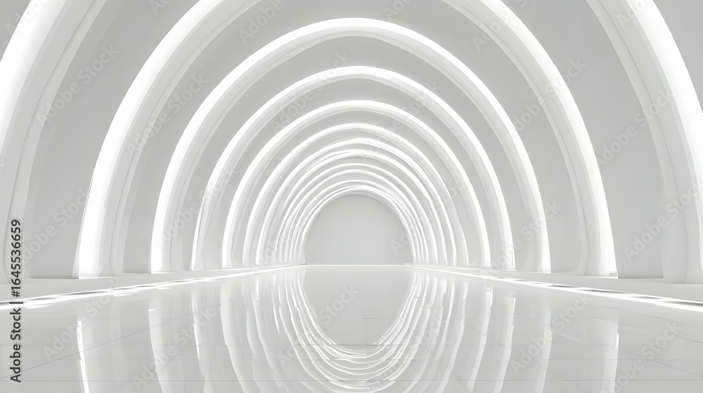 Fototapeta premium Empty white archway tunnel with polished floor.