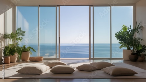 Peaceful Living Room with Ocean View and Plants Keywords: living room, ocean view, sliding glass