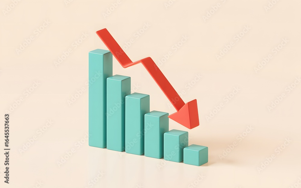 Fototapeta premium Falling Profits A Symbolic Depiction of Financial Loss With a Graph Decreasing Illustrated with Red Arrow and Aqua Bars