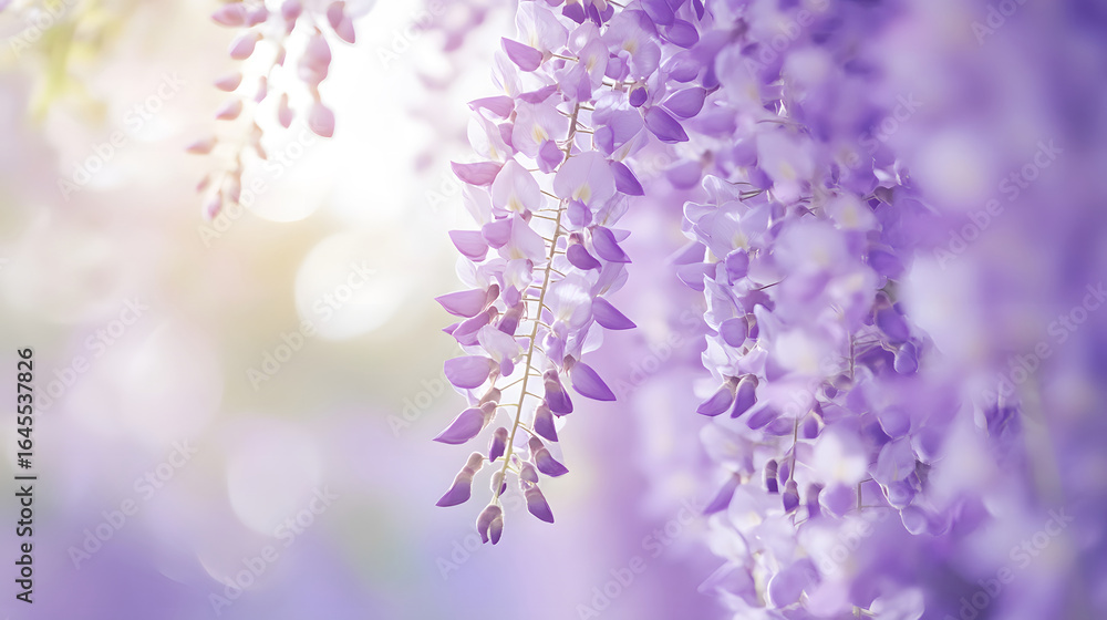 Obraz premium Vibrant Purple Wisteria Flowers Hanging in Sunlit Garden