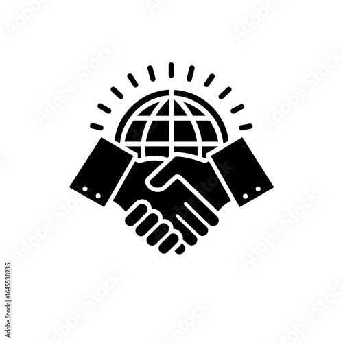 Vector silhouette icon of a handshake in front of a globe, with surrounding rays symbolizing international cooperation, diplomacy, and global unity.
