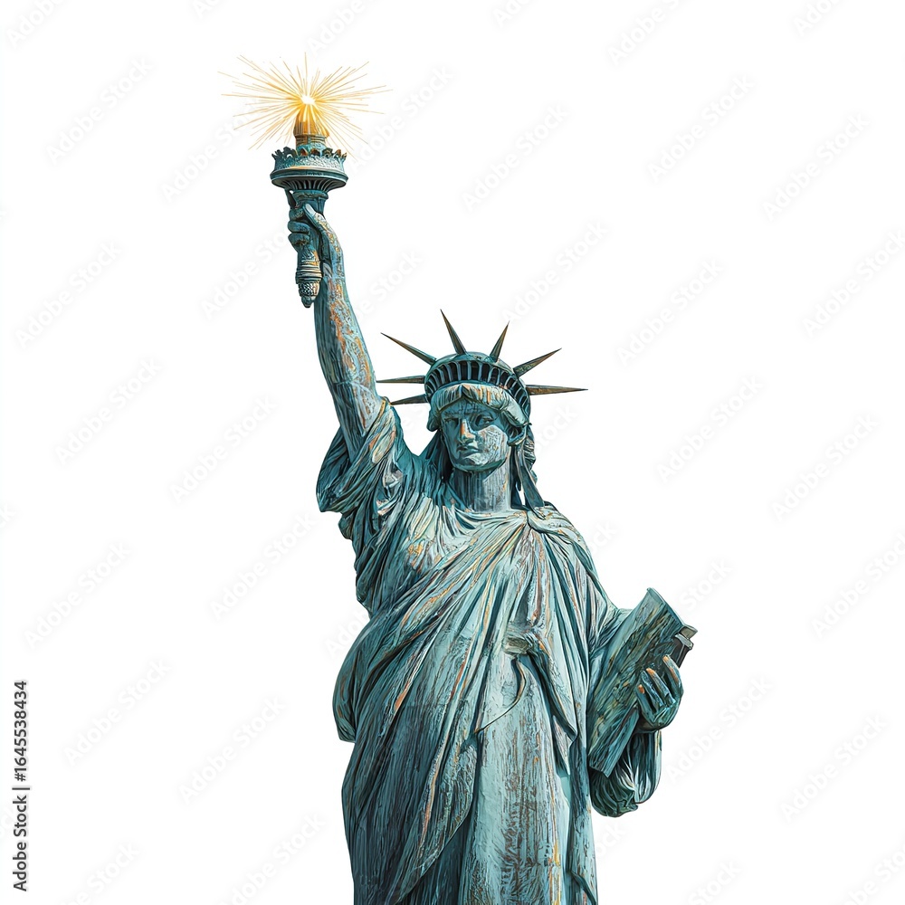 Fototapeta premium The statue of liberty holding a torch in her raised hand against a white background in full view