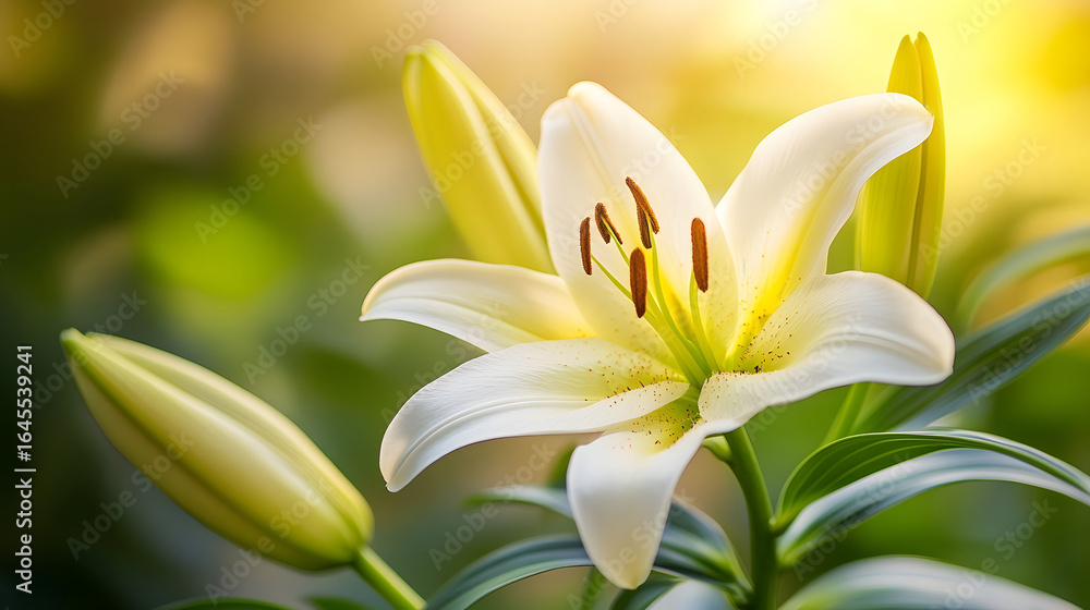 Fototapeta premium Beautiful White Lily Flower with Green Leaves in Sunlight