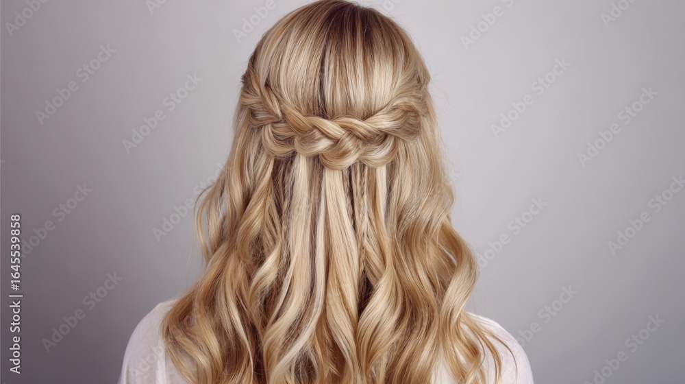 Naklejka premium Back view of a woman with a half-up braided hairstyle