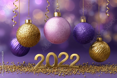 2022 New Years themed image gold numbers holiday ornaments a purple background and gold sparkles