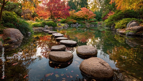 Wallpaper Mural Serene autumnal garden scene with stepping stones across a calm reflecting pond, surrounded by vibrant foliage and lush greenery Torontodigital.ca