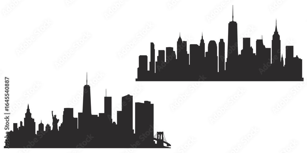 Fototapeta premium UntitledVector art of two city skyline silhouettes isolated on white background, capturing the essence of urban life and architectural marvels, ideal for travel and businessrelated designs