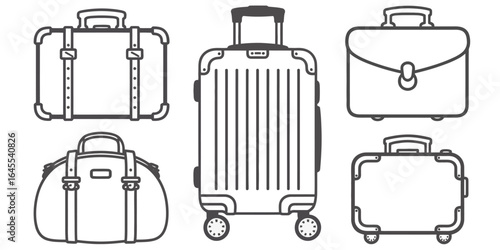 UntitledVector art of collection of luggage and suitcases isolated on white background, featuring various styles and sizes for travel, including wheeled suitcases, duffel bags, and briefcases